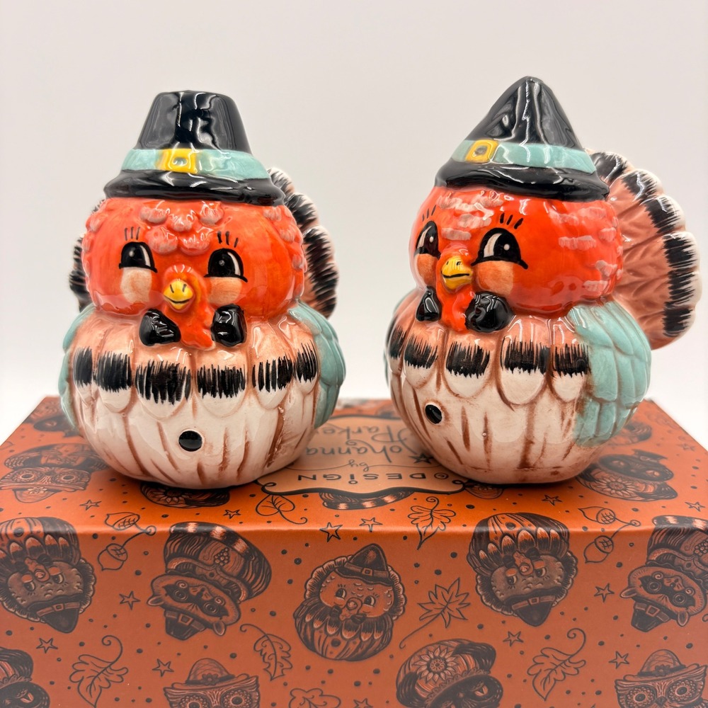 Johanna Parker Thanksgiving Turkey Salt and Pepper Shakers Set Ceramic New Box